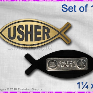Set of 10 Engraved USHER Church name badges w/ magnet in Jesus Fish shape choose a color