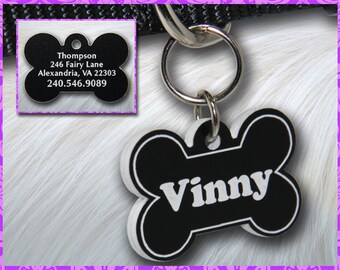 Personalized Custom Engraved Plastic Pet ID Tag 2-sided Bone Shape Black / White
