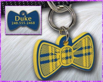 Personalized Custom Engraved Plastic Pet Plaid Bow Tie ID Tag 2-sided Blue / Yellow