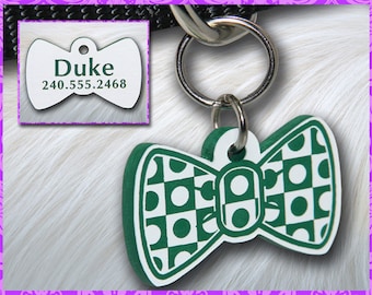 Personalized Custom Engraved Plastic Pet Polka Dots Bow Tie ID Tag 2-sided White / Green