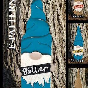 May include: A teal blue gnome with a white beard and black hat holding a sign that says "gather". The gnome is standing on a black and white chequered base.