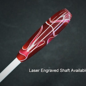 May include: A red and white swirl design on a white baton with the text "Laser Engraved Shaft Available".
