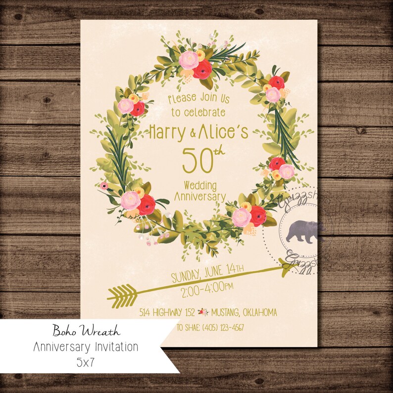 Boho Wreath Anniversary Invitation