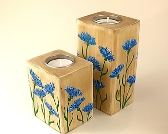 Tea Light Holders - Wooden - Cornflower - Individually Hand Painted -Each One Unique