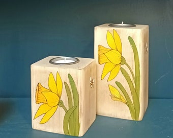 Tea Light Holders - Wooden - Daffodils & Bee's - Individually Hand Painted -Each One Unique