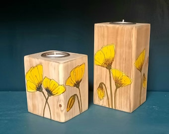 Tea Light Holders - Wooden - Yellow Poppies - Individually Hand Painted - Unique Gift