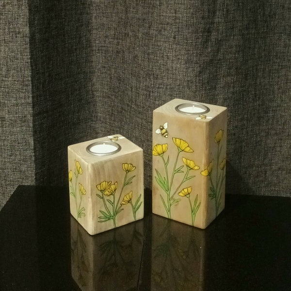 Tea Light Holders - Wooden - Buttercups and Bees - Individually Hand Painted - Unique Gift