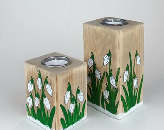 Tea Light Holders - Wooden - Snowdrops - Individually Hand Painted - Unique Gift - Spring