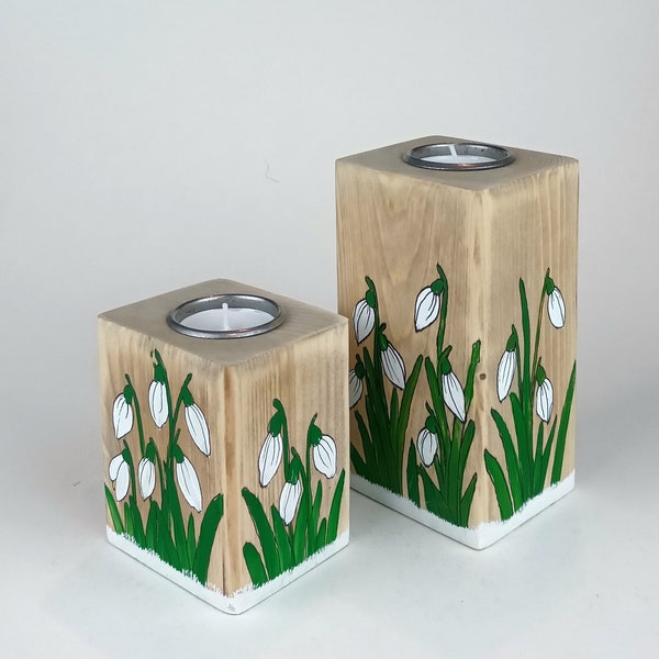 Teelichthalter aus Holz - Schneeglöckchen - Individuell Handbemalt - Einzigartiges Geschenk - Frühling