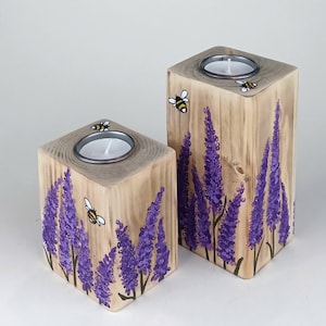 Tea Light Holders - Wooden - Lavender and Bees - Individually Hand Painted -Each One Unique