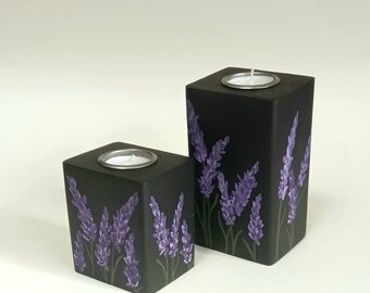 Wooden tea light holders - Original artwork - Lavender - Frenchic paint base colour is 'Loof'- Each one unique.