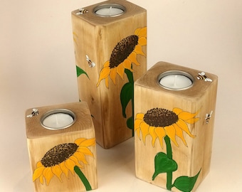 Teelichthalter - Aus Holz - Sonnenblumen und Bienen - Individuell Handbemalt - Einzigartiges Geschenk