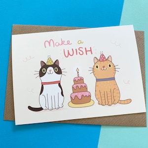 Cat Make A Wish Party -Happy Birthday Greetings Card - cake kitten celebration