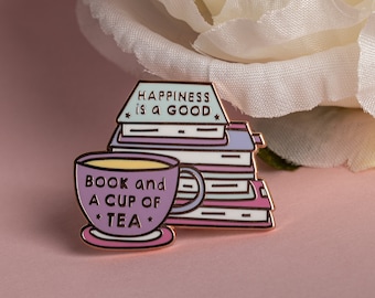 Happiness is a good book and a cup of tea rose gold ENAMEL PIN