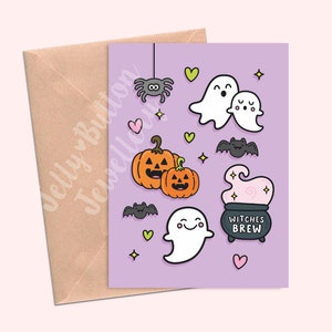 Tarjeta de felicitación de Halloween - espeluznante, fantasma, calabaza, caldero