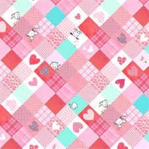May include: A fabric pattern featuring a diagonal grid of squares in shades of pink, red, and turquoise. The design includes various textures like plaid and solid colors, interspersed with small illustrations of white cats and red hearts.
