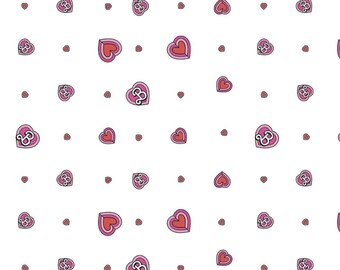 May include: A white background with a repeating pattern of pink hearts with a black outline and a black letter "B" inside each heart.