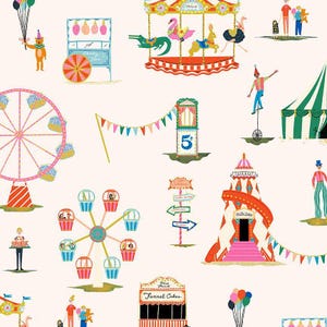 May include: A light-colored wallpaper pattern featuring colorful carnival illustrations including a Ferris wheel, a carousel with animals, a ticket booth with the number 5, a funhouse, a funnel cake stand, a unicyclist, and various people and balloons.