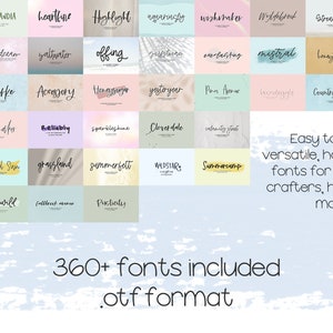 May include: A collection of 360+ hand-lettered fonts in .otf format. The fonts are displayed on a light blue background with a watercolor effect. The text "Easy to install, versatile, handlettered fonts for designers, crafters, hobbyists, & more." is displayed below the fonts.