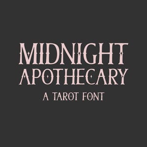 May include: A digital graphic featuring the text MIDNIGHT APOTHECARY A TAROT FONT in a light pink, serif typeface with decorative star-like accents on the letters. The text is centered against a solid, dark charcoal gray background.