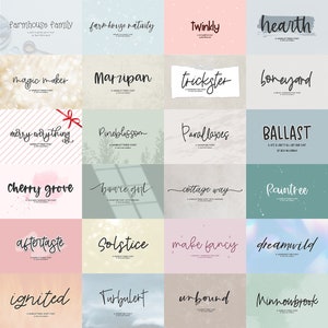 May include: A collection of 36 hand-drawn font designs, each displayed on a unique background with a name and description. The fonts are in various styles, including script, sans serif, and serif.