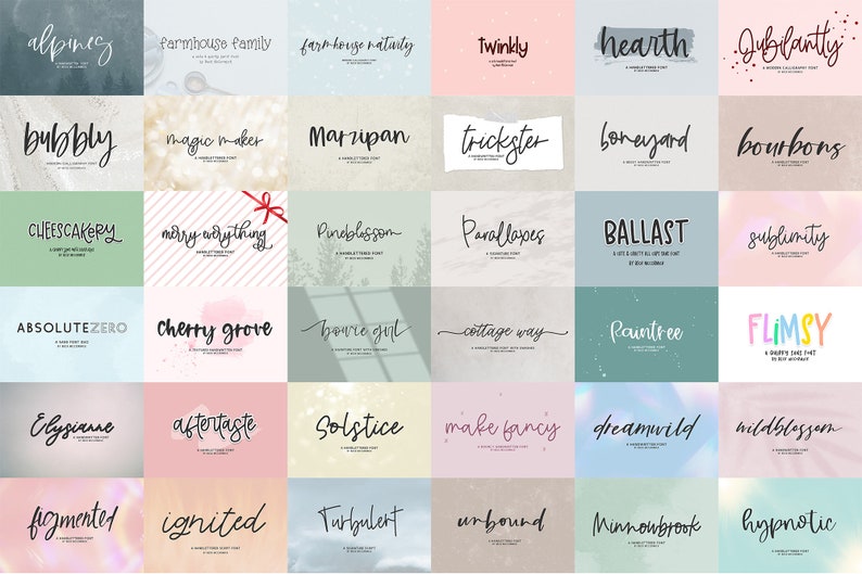 May include: A collection of 36 hand-drawn font designs, each displayed on a unique background with a name and description. The fonts are in various styles, including script, sans serif, and serif.