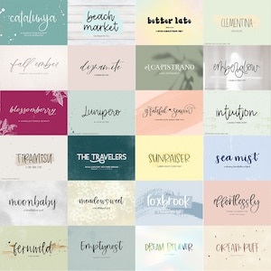 May include: A collection of 36 hand-drawn font designs, each displayed on a unique background with a different color and texture. The fonts are displayed in a grid format, with each font name written in the font itself.