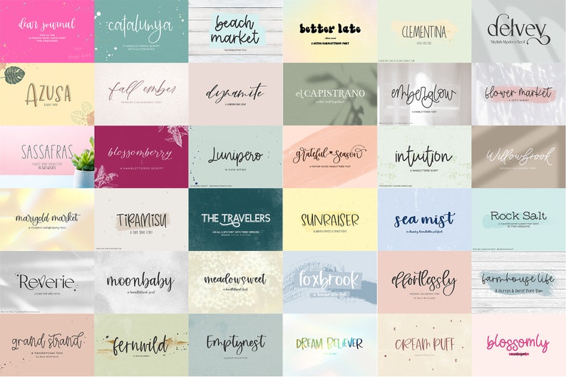 May include: A collection of 36 hand-drawn font designs, each displayed on a unique background with a different color and texture. The fonts are displayed in a grid format, with each font name written in the font itself.