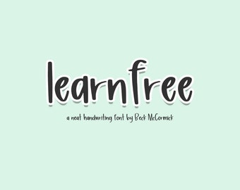 Könnte beinhalten: Digitalgrafik mit den Worten "learnfree" in einer handschriftlichen Schriftart, weiß umrandet, auf hellgrünem Hintergrund. Darunter steht "a neat handwriting font by Beck McCormick".