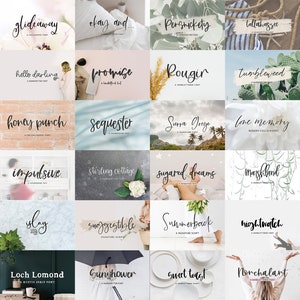 May include: A collage of 36 different handwritten font styles, each displayed on a unique background. The fonts are all in black and white and are presented in a grid format. The fonts are all in a cursive style and are perfect for adding a personal touch to any project.