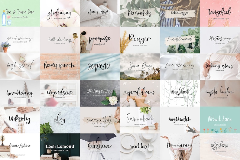 May include: A collage of 36 different handwritten font styles, each displayed on a unique background. The fonts are all in black and white and are presented in a grid format. The fonts are all in a cursive style and are perfect for adding a personal touch to any project.