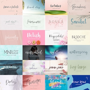 May include: A collection of 36 different hand-drawn font designs, each displayed on a colorful background with a unique design element. The fonts are displayed in a grid format, with each font name listed below the sample text.