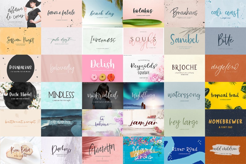 May include: A collection of 36 different hand-drawn font designs, each displayed on a colorful background with a unique design element. The fonts are displayed in a grid format, with each font name listed below the sample text.