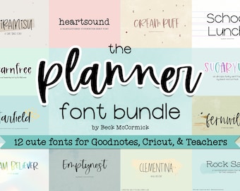 Peut inclure: Une collection de 12 polices de caractères mignonnes pour Goodnotes, Cricut et les enseignants. Les polices sont affichées dans des carrés colorés avec des arrière-plans et des styles de texte différents. Le texte comprend les noms des polices, "the planner font bundle" et "by Beck McCormick".