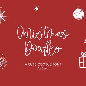 May include: White Christmas doodles font on a red background. The font includes uppercase and lowercase letters, numbers, and punctuation. The image also includes various Christmas-themed doodles, such as stars, snowflakes, ornaments, and a gift box.