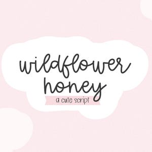 May include: A light pink background with white cloud shapes. The words "wildflower honey" are written in a whimsical, black script font inside a white cloud shape. Below, in a smaller font, it reads "a cute script".