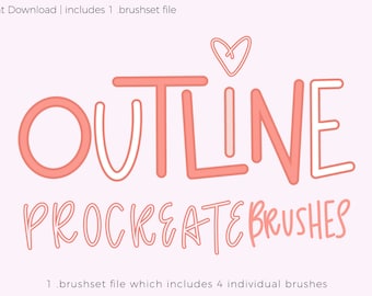 May include: A digital illustration of the word "OUTLINE" in a pink and white color scheme. The text is stylized with a thick outline and a handwritten font. Below the word "OUTLINE" is the text "PROCREATE BRUSHES".