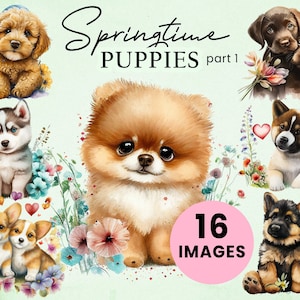 16 Springtime Puppies Pt 1. Valentine's Day Cute Puppy Love Watercolor Clip Art Set (graphic) Dog Illustration Instant Download commercial