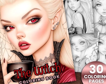 May include: A coloring book titled "The Witch Coloring Book" with a cover featuring a woman with blonde hair, red eyes, and a red dress holding a glass of wine. The cover also features a spider web and the text "30 Coloring Pages with Cover".