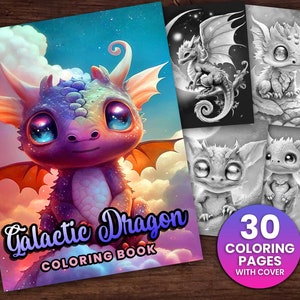 30 Baby Galactic Dragon Fantasy Coloring Page Book, Adults + kids- Instant Download Grayscale Coloring Page, Printable PDF, Dragons coloring