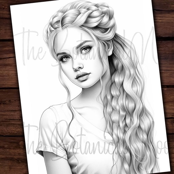 Beautiful Woman Intricate Hairstyle Coloring Page, Adults & kids- Instant Download - Grayscale Coloring Page - Gift, Fairy PDF, Gorgeous