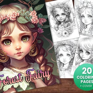 Delicate Forest Fairy Girls Fantasy Anime Coloring Page, Adults + kids- Instant Download - Grayscale Coloring Page - Gift, Printable Art PDF