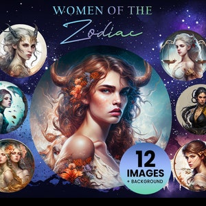 Femmes des signes du zodiaque (12 graphiques Clip Art) Illustration Téléchargement instantané ; artisanat, commercial, femme druide fantastique