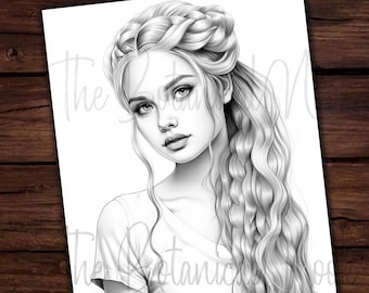 Beautiful Woman Intricate Hairstyle Coloring Page, Adults & kids- Instant Download - Grayscale Coloring Page - Gift, Fairy PDF, Gorgeous