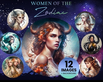 Women of the Zodiac Signs (12 Graphic Clip Art) Illustration Instant Download; crafting, commercial, Fantasy woman druid