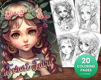 Delicate Forest Fairy Girls Fantasy Anime Coloring Page, Adults + kids- Instant Download - Grayscale Coloring Page - Gift, Printable Art PDF