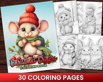 Christmas Critters Cute Winter Animal Coloring Page Book, Adults + kids Instant Download Grayscale Coloring Page, Printable PDF Squirrel Fox