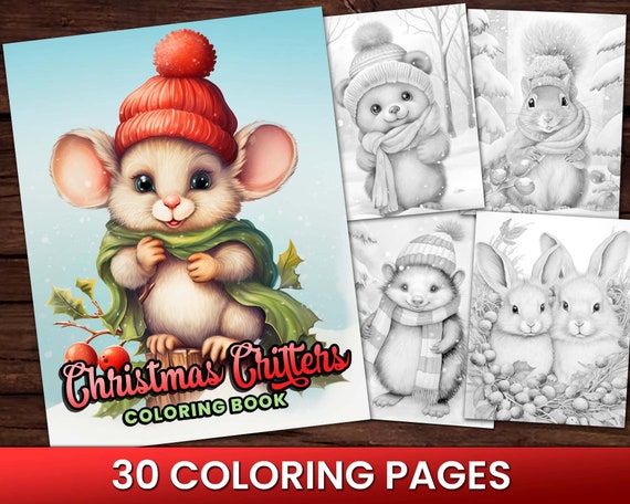 Christmas Critters Cute Winter Animal Coloring Page Book, Adults + kids Instant Download Grayscale Coloring Page, Printable PDF Squirrel Fox