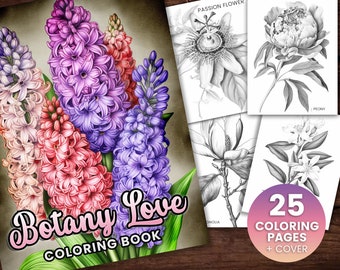 25 Flowers with names Coloring Book, Adults kids Instant Download -Grayscale Coloring Book -Printable PDF, Botany Love, Flower Coloring