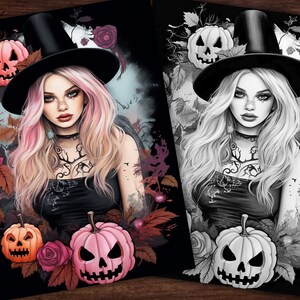 33 Beautiful Witches Coloring Book, Adults + kids- Download - Grayscale Coloring Page - Gift, Printable PDF, Halloween, skulls, beautiful, image 5